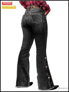 Women's Buttoned Hem Butt Lifting Bootcut Jeans Stretch Curvy Denim